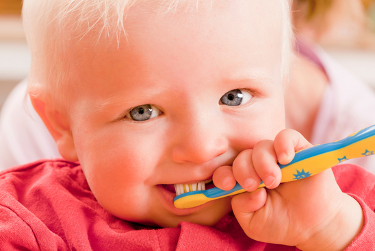 Baby hält eine Zahnbürste im Mund